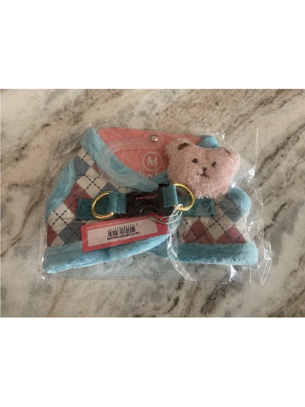 Cute Blue Argyle dog Harness with Plush Bear